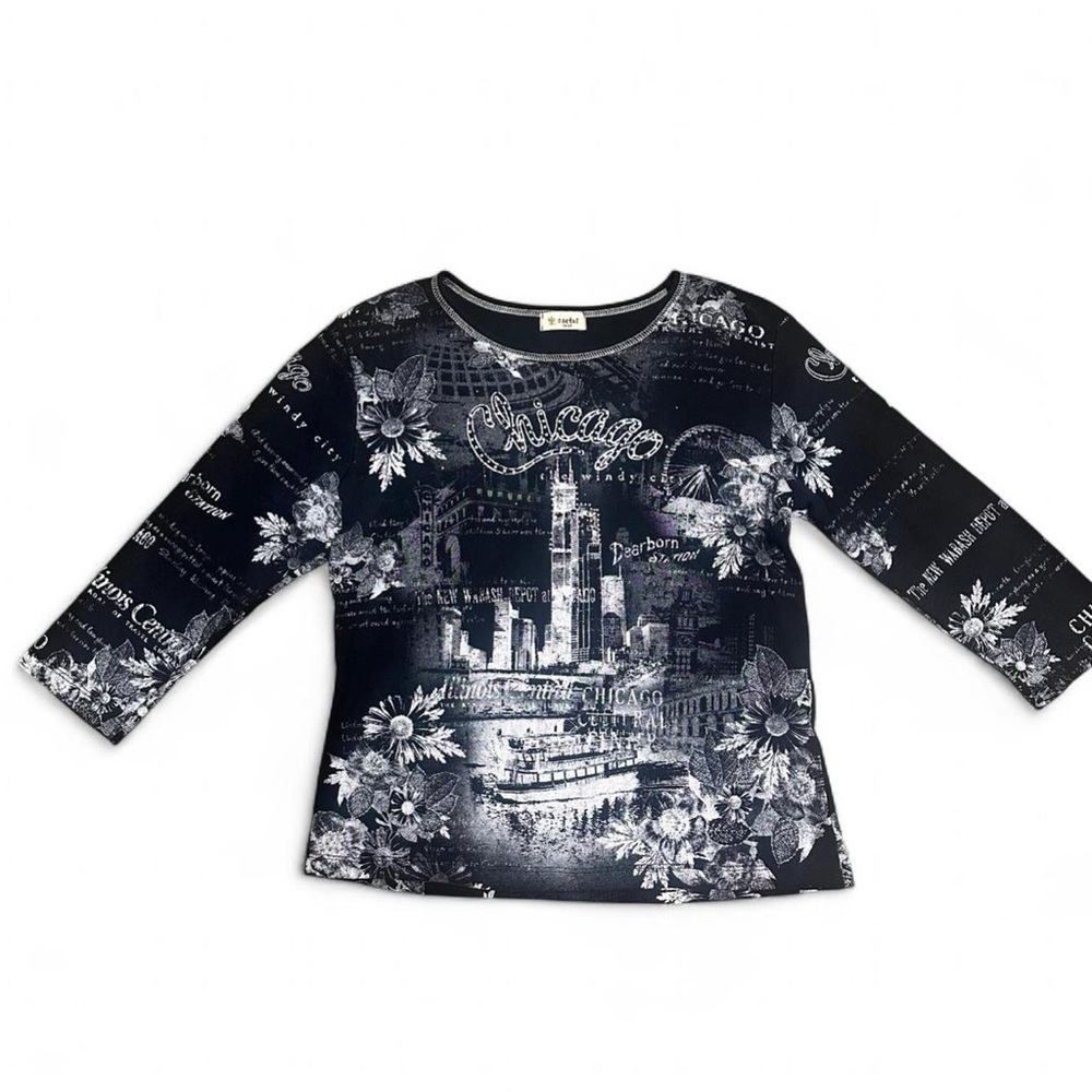 Y2k Chicago Graphic 3/4 Sleeve Cactus Brand Vintage Tee, 100% Cotton